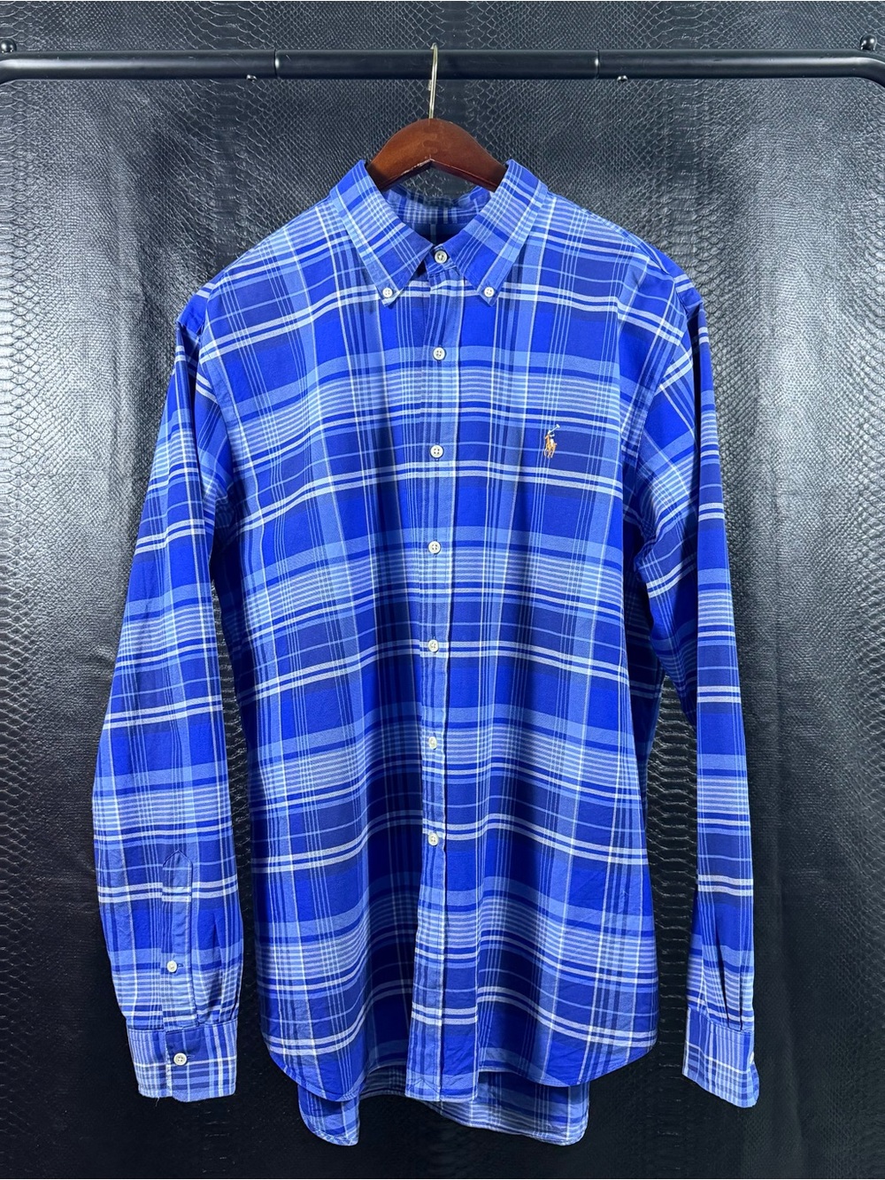 Vtg Ralph Lauren Oxford Shirt Men's XL Vibrant Blue Plaid Pony Logo Button Down